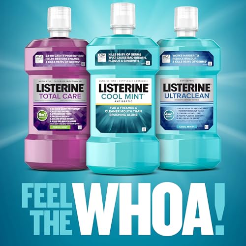 Listerine Cool Mint Antiseptic Mouthwash, Daily Oral Rinse Kills 99% of Germs That Cause Bad Breath, Plaque and Gingivitis for a Fresher, Cleaner Mouth, Cool Mint Flavor, 1.0 L, Pack of 2