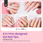 Beetles French Tip Press on Nails - 150Pcs 4 in 1 Nude Pink Almond Press On Nails Medium Full Cover French Tip Press on Nails with 6 Kinds of Nail Accessories Nail Art DIY Gift for Women
