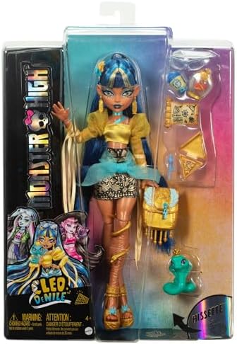 Monster High Cleo De Nile Doll in Golden Blouse & Layered Skirt, Includes Pet Cobra Hissette & Accessories Like a Backpack, Snack & Scroll