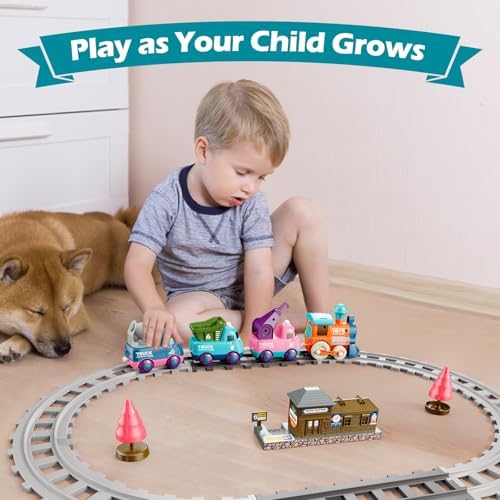 Train Set for Toddlers, Magnetic Train Toys for Toddlers 3+ Electric Train Set with Train Tracks Accessories Battery Operated, 4pcs Trucks Toy Train for Boys and Girls