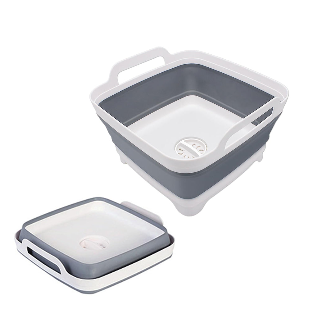 Goderewild 2.4 Gal(9L) Collapsible Dish Basin with Drain Plug, Space Saving Outdoor Multiuse Foldable Sink Tub, Dishpan, Kitchen Storage Tray for Camping, Vegetable Washing, RV (Gray)