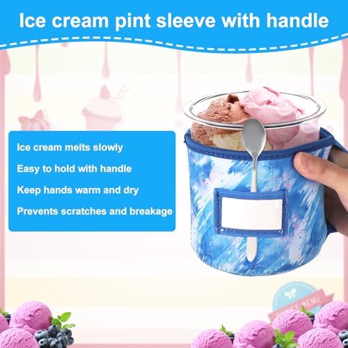 4pcs Dye Prints Ice Cream Neoprene Sleeves, with Handle Spoon Holder and Name Plate Slot Reusable Washable Insulated Sleeve for Ninja Creami Pints Container Accessories (24oz, 4 Styles)