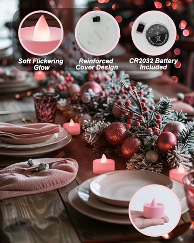 BEICHI Flameless Candles, 24-Pack LED Tea Lights Candles Battery Operated, Electric Fake Tealight Candles, Votive Candles Bulk for Halloween, Christmas, Valentine's Day, Wedding (Pink Candles)