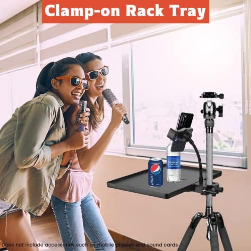 Universal Microphone Stand Tray with Phone Holder, Mic Stand Clamp-On Utility Shelf Rack Tray Holder for Music Sheet, Live Streaming, Live Broadcast, Karaoke, Recording, Music Stand Accessories