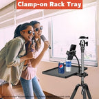 Universal Microphone Stand Tray with Phone Holder, Mic Stand Clamp-On Utility Shelf Rack Tray Holder for Music Sheet, Live Streaming, Live Broadcast, Karaoke, Recording, Music Stand Accessories