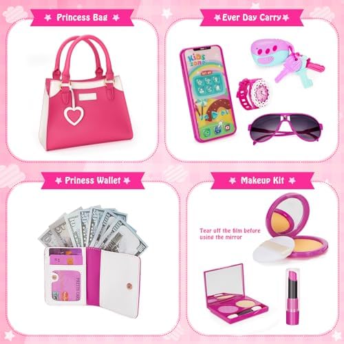 Officygnet Play Purse for Little Girls, Pretend Princess Play Girls Toys for 3 4 5 6 7 8 Year Old, Toddler Purse with Accessories, Kids Toy Purse Birthday for Girls Ages 3-5 4-5 6-8