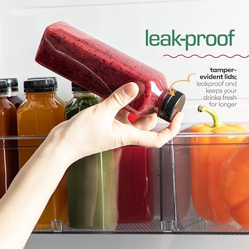 16oz 20pcs Juice Bottles With Caps - MADE IN USA Juice Containers With Lids For Fridge - Juicer Bottles With Tamper Evident Caps, Shatterproof, BPA-Free, Leak proof, Disposable & Recyclable