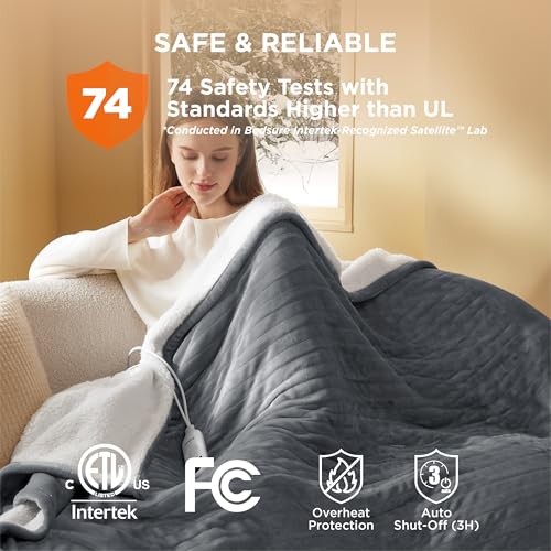 Bedsure Heated Blanket Electric Throw - Soft Flannel Electric Blanket, Heating Blanket with 4 Time Settings & 6 Heat Settings, Warm Blanket Gift for Grandma (50x60 inches, Grey)