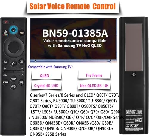 Upgraded BN59-01385A Solar Rechargeable Voice Remote Control Replacement for Samsung Smart TV – Solar Cell, Voice & Bluetooth Plus USB-C Charging for Neo QLED, The Frame, and Crystal 4K/8K UHD