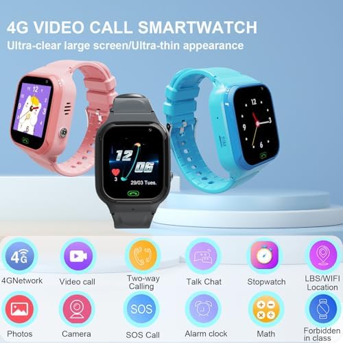 4G Kids Smart Watch - Boys Girls GPS Tracker Kids Smartwatches Phone Watch Video Call SOS Alarm Voice Chat and Touch Screen Game Real Time Tracking Smartwatch for Age 3-12 (Pink)