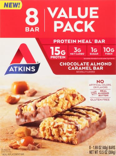 Atkins Chocolate Almond Caramel Protein Meal Bar, High Fiber, 15g Protein, 1g Sugar, 3g Net Carbs, Meal Replacement, Keto Friendly, 8 Count