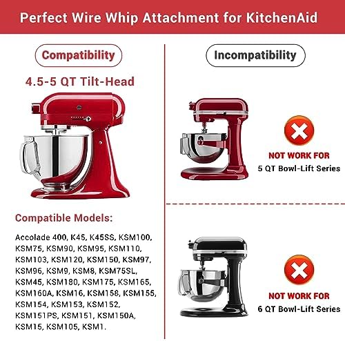 K45WW Stainless Steel Wire Whip Attachment for KitchenAid, 6 Wire Whisk Replacement for KitchenAid 4.5-5 Quart Tilt-Head Stand Mixers, Dishwasher Safe, Sliver
