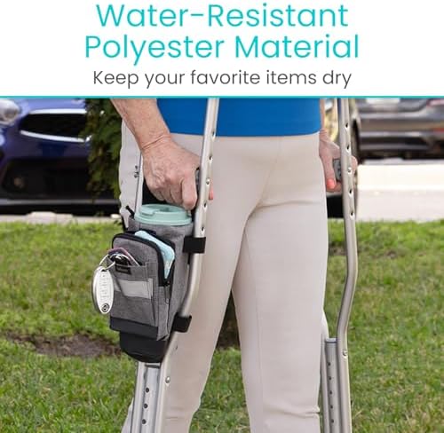 Vive Crutch Accessories Bag - Pouch for Crutches - Accessory Storage Carry Kit for Women, Men, Adults, Kids - Cup and Bottle Pocket Holder with Ergonomic Design (Gray)
