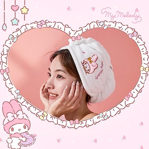 Kawaii Microfiber Hair Towel for Women, Super Absorbent Hair Shower Cap for Long Hair, Quick Dry Towel Wrap with Botton of Cute Hairbands for Women Girls Bath Accessories(Pink-1)