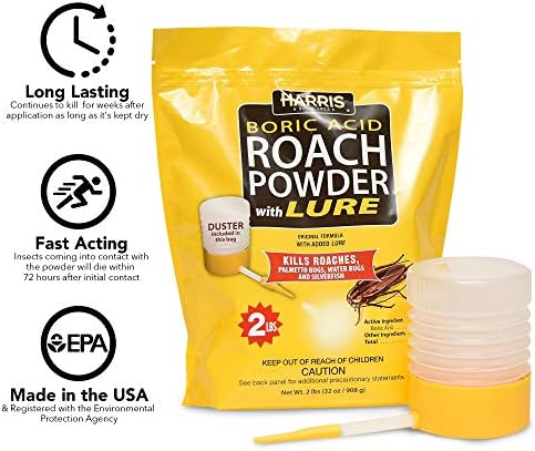 Harris Boric Acid Roach and Silverfish Killer Powder w/Lure, Powder Duster Included in The Bag (32oz)