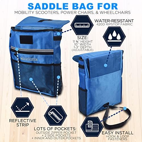 AlveyTech Saddle Bag for Mobility Scooter, Wheelchair, & Electric Power Chair (Large, Blue) - Accessories Holder Armrest Side Pouch Storage Organizer Bags for Adults, Water-Resistant, Easy Install