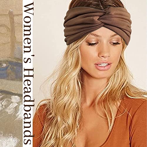 Wide Headbands for Women Knotted No Slip Head Bands Soft Turban Headband Hair Accessories Boho African Solid Color Head Wraps for Women Yoga Workout Pack of 6（Brown）