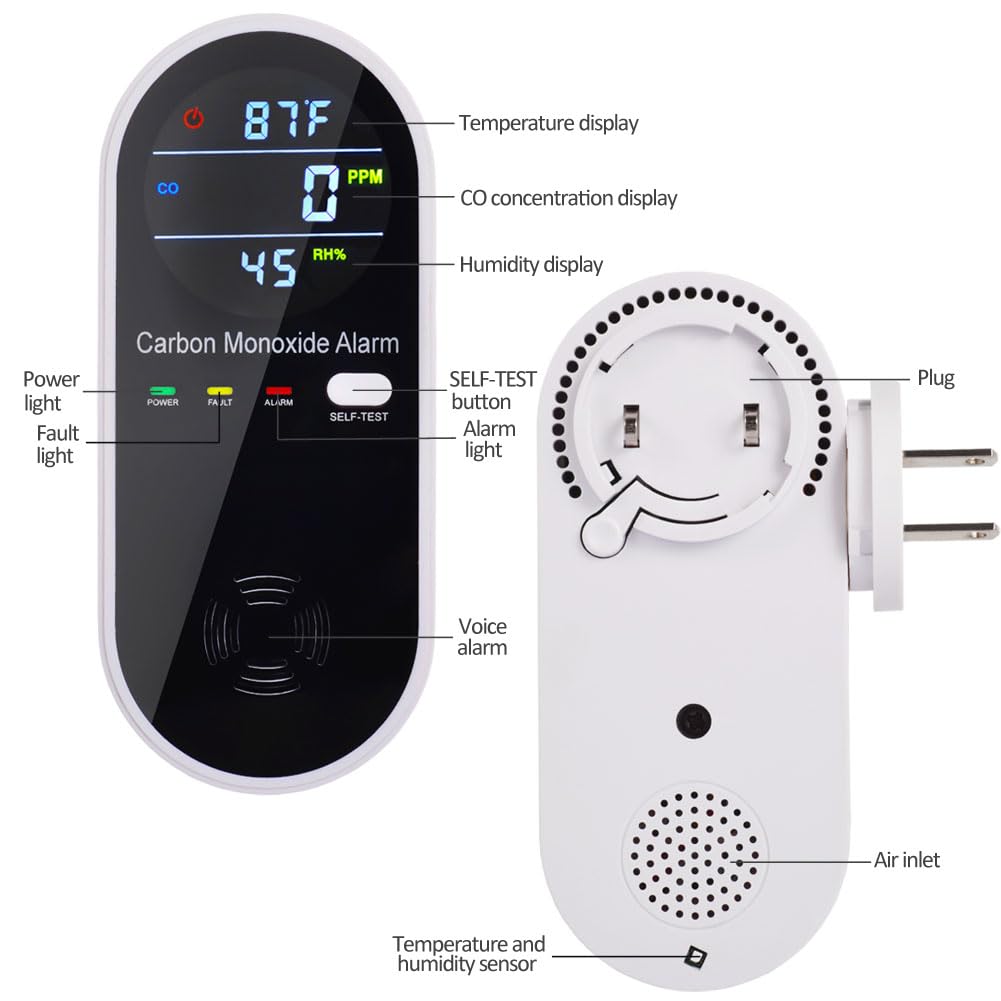 3-in-1 Carbon Monoxide Detector, Carbon Monoxide Detector Plug in Wall with Temperature & Humidity Display, CO Alarm Monitor with Color LCD Display, Accurate & Easy to Install