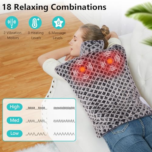 CAROMIO Massaging Heating Pad for Back Pain Relief, Neck and Shoulders Electric Heating Pads Large Size, Full Body Back Heat Pad with Auto Shut Off, 3 Heating Levels & 3 Massage Modes (Grey, 35"x24")