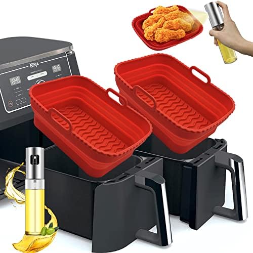 Daily Treasures 2 Pack Foldable Air Fryer Liners for Ninja Air Fryer Dual with 1Pack Oil Sprayer Dispenser, Ninja Air Fryer Accessories Reusable Air Fryer Silicone Liner for Ninja Dual Air Fryer(Red)