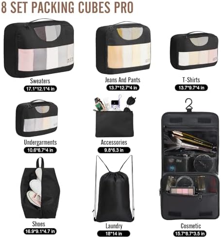 Veken 8 Set Packing Cubes for Travel, Suitcase Essentials Organizer Bags Set for Luggage, Road Trip Travel Accessories in 4 Sizes (Extra Large, Large, Medium, Small), Black