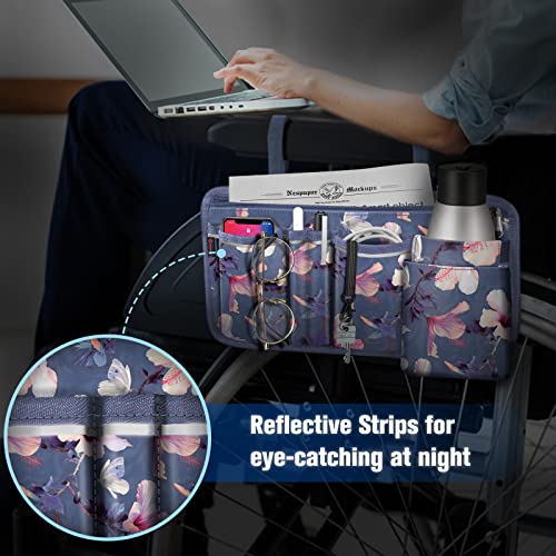 FINPAC Wheelchair Side Storage Bag w/Cup Holder, Wheelchair Armrest Accessories Pouch with Pen Slot and Reflective Strips for Power Wheelchairs, Walkers, Rollators, Seniors (Blooming Hibiscus)