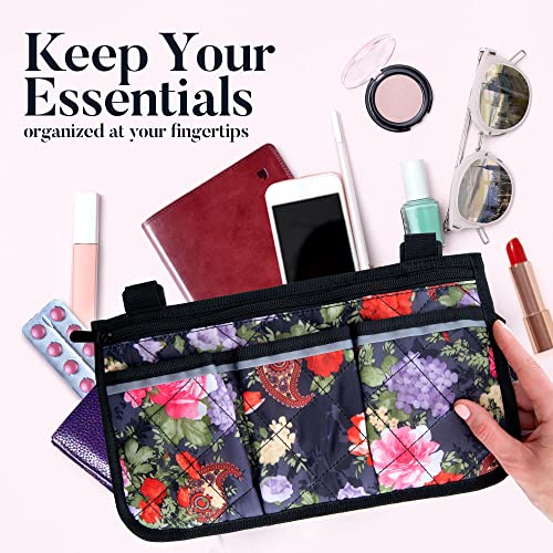 Wheelchair Bag, Walker Bag, Walker and Wheelchair Accessories for Adults, Water Resistant Storage Pouches for rollator, Electric Wheel Chair (armrest, Back Handle), Seniors, Gift for Woman, Floral