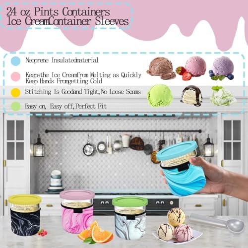 4Pack Containers Replacement for Ninja Creami Pints and Lids,4Pcs Ice Cream Neoprene Sleeve 160Pcs Waterproof Removable Labels,24oz Compatible with Ninja NC501 NC500 Series