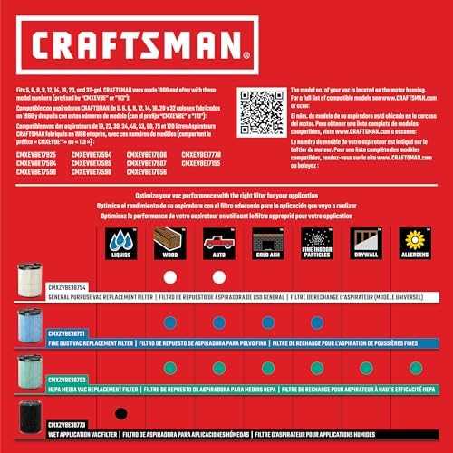CRAFTSMAN CMXZVBE38779 Genuine General Purpose and Wet Application Wet Dry Vac Replacement Vacuum Filters for Most 5 to 20 Gallon CRAFTSMAN Shop Vacuums, Easy Installation, Liquid and Dry Pick-ups
