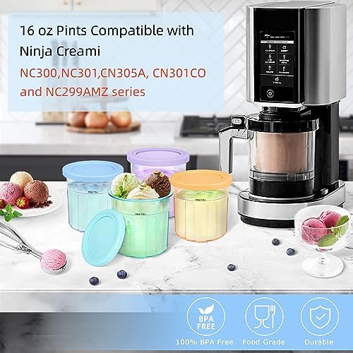 16oz ice cream Containers Replacement for Ninja Creami Pints and Lids - 4 Pack, Compatible with NC301 NC300 NC299AMZ Series Ice Cream Makers, Airtight, Leak Proof & Dishwasher Safe