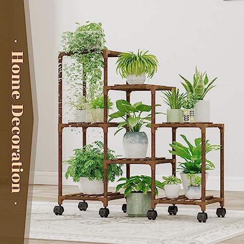 Bamworld Plant Stand with Wheels for Indoor Plants Wood Outdoor Tiered Shelf 3 Tire 7 Potted Ladder Plant Holder Table Pot Stand for Window Garden Balcony Patio Living Room (natureDL)