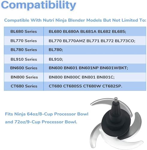 4 Blade Ninja Blender Blade Replacement Parts Compatible with 64oz(8Cup)72oz(9Cup) Food Processor Bowl Ninja Blades Auto iQ Chopping Blade 319KKU770 for Pitcher BL681A BL682 BL770AMZ and More