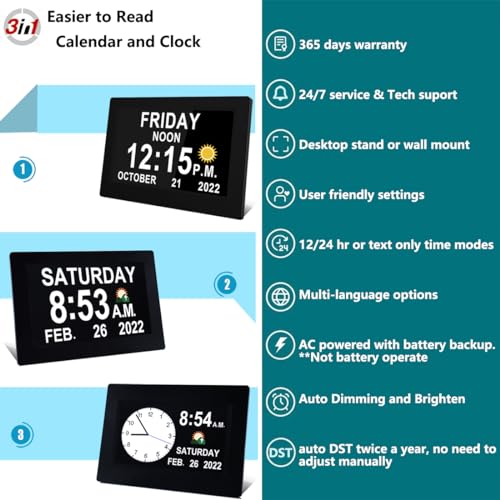 MAXCULUX 【Upgraded】 Digtal Clock with Day and Date for Seniors, Auto DST, 19 Alarms & Auto Dimmable, Non-Abbreviated Extra Large Clock for Elderly Dementia Alzheimers
