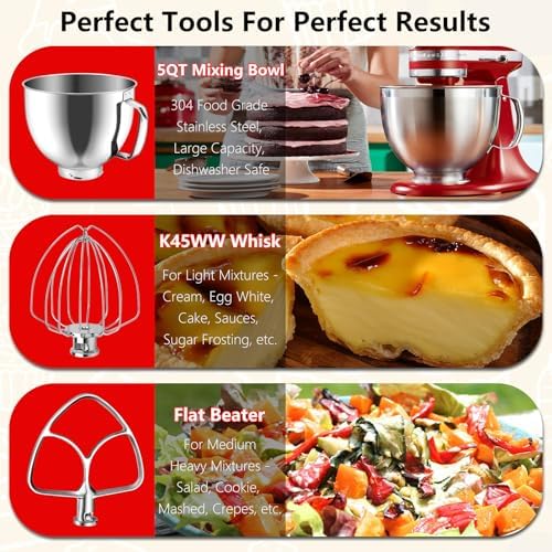 Stainless Steel Replacement Accessories Kit, Compatible With KitchenAid 4.5-5QT Tilt Head Stand Mixer, Includes Mixer Bowl, 6 Wire Whisk, Flat Beater, Fits for K45SS, KSM75