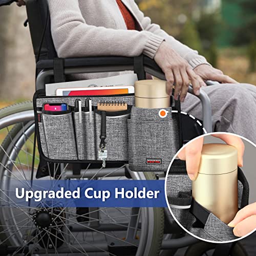 FINPAC Wheelchair Side Storage Bag w/Cup Holder, Wheelchair Armrest Accessories Pouch with Pen Slot and Reflective Strips for Power Wheelchairs, Walkers, Rollators, Seniors (Gray)