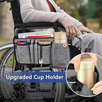 FINPAC Wheelchair Side Storage Bag w/Cup Holder, Wheelchair Armrest Accessories Pouch with Pen Slot and Reflective Strips for Power Wheelchairs, Walkers, Rollators, Seniors (Gray)