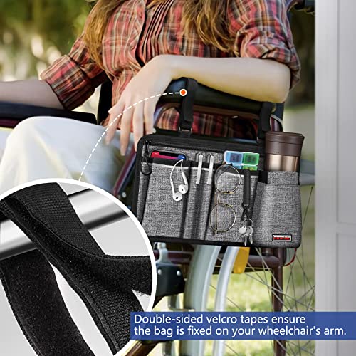 FINPAC Wheelchair Side Storage Bag w/Cup Holder, Wheelchair Armrest Accessories Pouch with Pen Slot and Reflective Strips for Power Wheelchairs, Walkers, Rollators, Seniors (Gray)