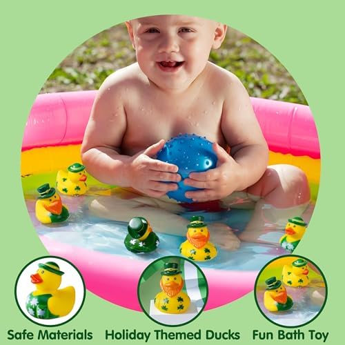 JOYIN 24 Pcs St.Patrick's Day Rubber Ducks, Green Rubber Lucky Ducks with Hats & Shamrock Patterns, Small Kid Bath Toys, St Patrick Gifts for Kids, Party Favors & Decorations