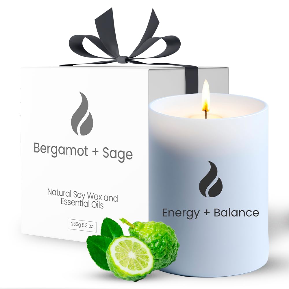 Natur IX Candle for Home, Sage & Bergamot Candles, Energy & Balance Non-Toxic Candle, 50 H Long Lasting, Aromatherapy Natural Soy Candle, Cleansing Luxury Candle, Gift Box, 8.3oz