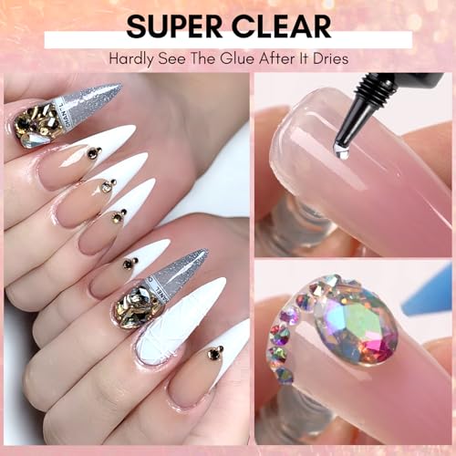 Makartt Champagne Nail Rhinestone with Gel Nail Glue for Gems 15ML Strong Adhesive Nail Rhinestone Glue Round & 3D Shape Flatback Nail Crystal Diamond for Nail Charm Accessories Jewels Decoration