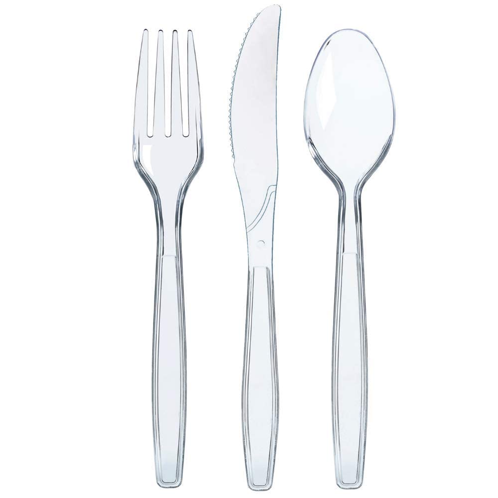 Prestee 300 Plastic Silverware Set, Clear Plastic Cutlery Set, Disposable Set -100 Clear Plastic Forks, 100 Plastic Spoons, 100 Plastic Knives, Heavy Duty Bulk Disposable Flatware Plastic Utensils Set
