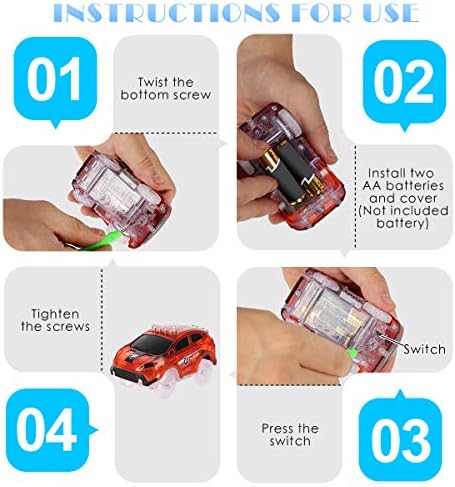 Tracks Cars Only Replacement, Flex Track Race cars for Magic Tracks Glow in the Dark, LED Lights Up Battery Operated Snap N Glow Trax cars Accessories, Compatible with Most Car Tracks for Kids (4pack