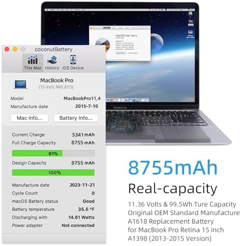 A1398 Battery Replacement, A1618 A1494 Battery for MacBook Pro 15 inch Mid 2015 Mid 2014 Late 2013 Version EMC 2910 2909 2881 2876 2745 2674 Capacity 11.36V 99.5Wh 8755mAh