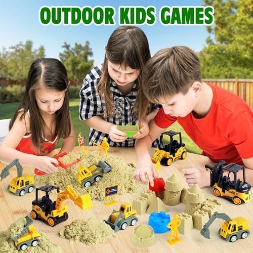 Sand Construction Kit with A Big Foldable Sandbox and 2.2lbs Magic Sand, Truck Sand Construction Toys Including Castle Molds and Other Accessories 36Pcs Total, Play Sand Art Set for Kids 3+
