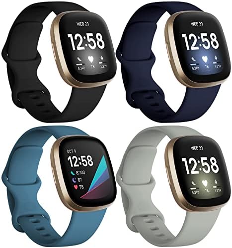 Dirrelo Bands Compatible for Fitbit Versa 3 & Sense, (4-Pack) Replacement TPU Sport Wristbands Accessories Strap for Versa 3 Sense Band Women Men, Large (Black Dark Blue Indigo Gray)