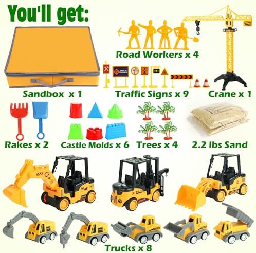 Sand Construction Kit with A Big Foldable Sandbox and 2.2lbs Magic Sand, Truck Sand Construction Toys Including Castle Molds and Other Accessories 36Pcs Total, Play Sand Art Set for Kids 3+