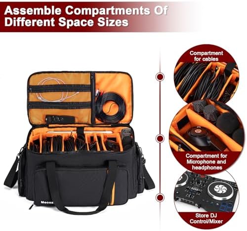 DJ Gig Bag with 8 Detachable Dividers, DJ Cables Bag with 15.6'' Laptop Sleeve, Large Capacity Travel Musicians Gig Bag for DJ Gear, Music Equipment&Accessories, Black