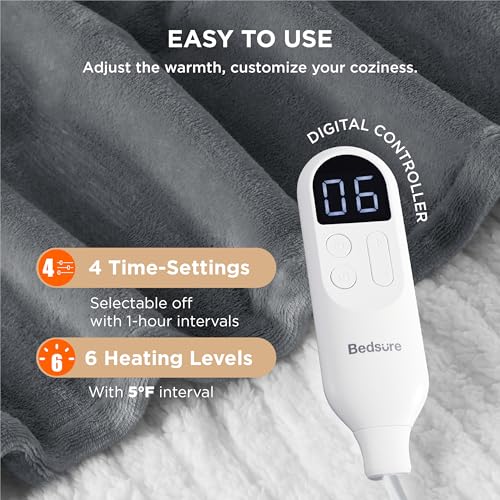 Bedsure Heated Blanket Electric Throw - Soft Flannel Electric Blanket, Heating Blanket with 4 Time Settings & 6 Heat Settings, Warm Blanket Gift for Grandma (50x60 inches, Grey)