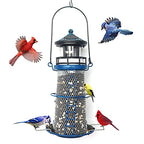 wtreew Solar Lighthouse Bird Feeder with Rotating Beacon - 14" Hanging Mesh Wild Bird Feeders for Eaves, Balcony, Trees, Hooks, Best Bird Feeder Gifts for Bird Lovers,Women,Kids,Elderly(Space Blue)
