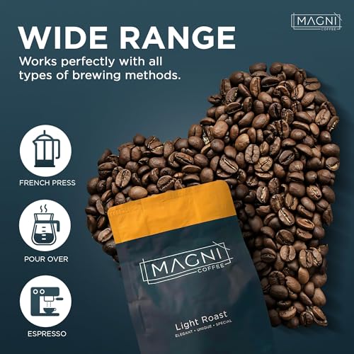 Magni Coffee - Whole Beans - Light Roast - Low Acid - Single Origin USDA Organic Non-GMO Beans Third Party Tested For Mycotoxins & Pesticides - Fair Trade -12 Oz